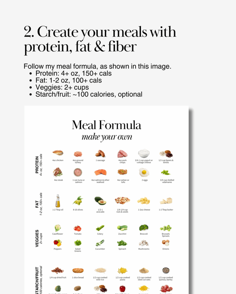 Chart showing proteins, fats, veggies, and starch options with portion sizes for meal building to lose weight without being hungry.