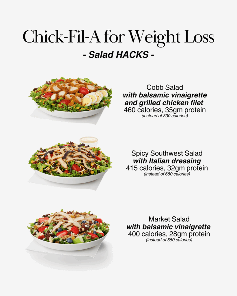 Cobb salad, spicy southwest salad, and market salad with lower-calorie swaps and protein-rich toppings for weight loss.