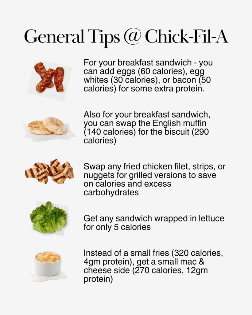 Chick-fil-A lettuce wrap sandwich, grilled nuggets, English muffin, and mac & cheese as smart swaps for weight loss.