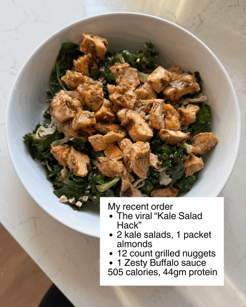 Chick-fil-A kale crunch salad with grilled nuggets and buffalo sauce.