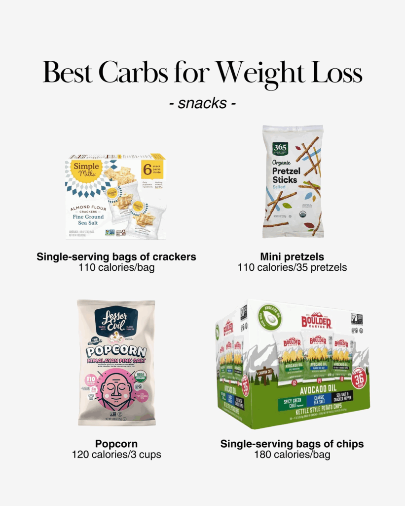 Single-serve crackers, mini pretzels, popcorn, and chips with portion sizes and calories listed.