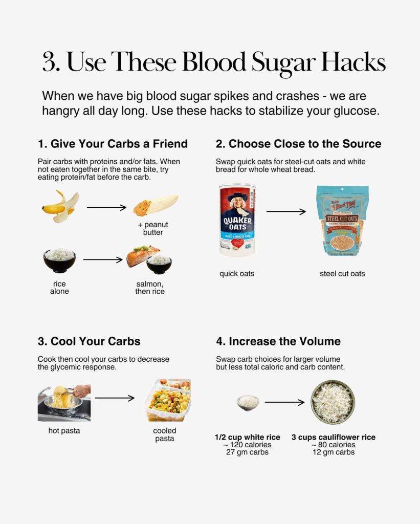 Food swaps like banana with peanut butter, steel-cut oats instead of quick oats, and cooled pasta instead of hot pasta to lose weight without being hungry.