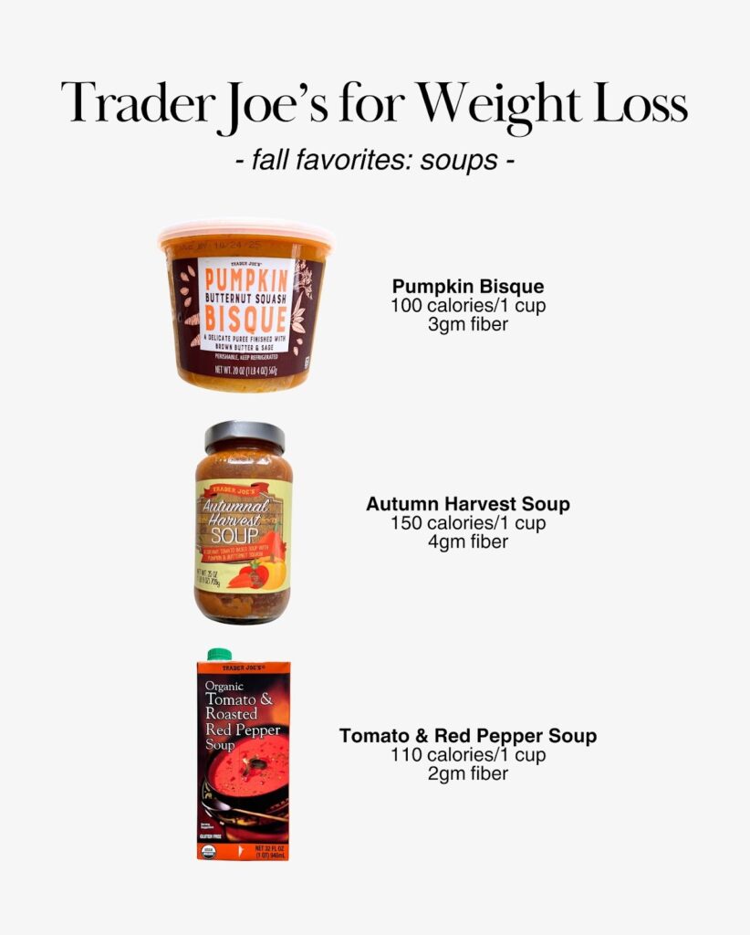 Trader Joe's Pumpkin Bisque, Autumn Harvest Soup, Tomato & Red Pepper Soup with calorie and fiber details.