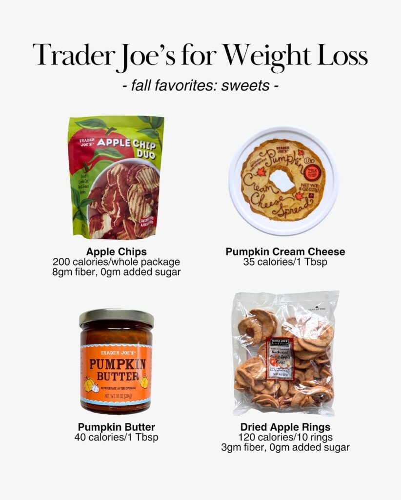 Trader Joe’s apple chips, pumpkin cream cheese, pumpkin butter, and dried apple rings with calorie and fiber details.