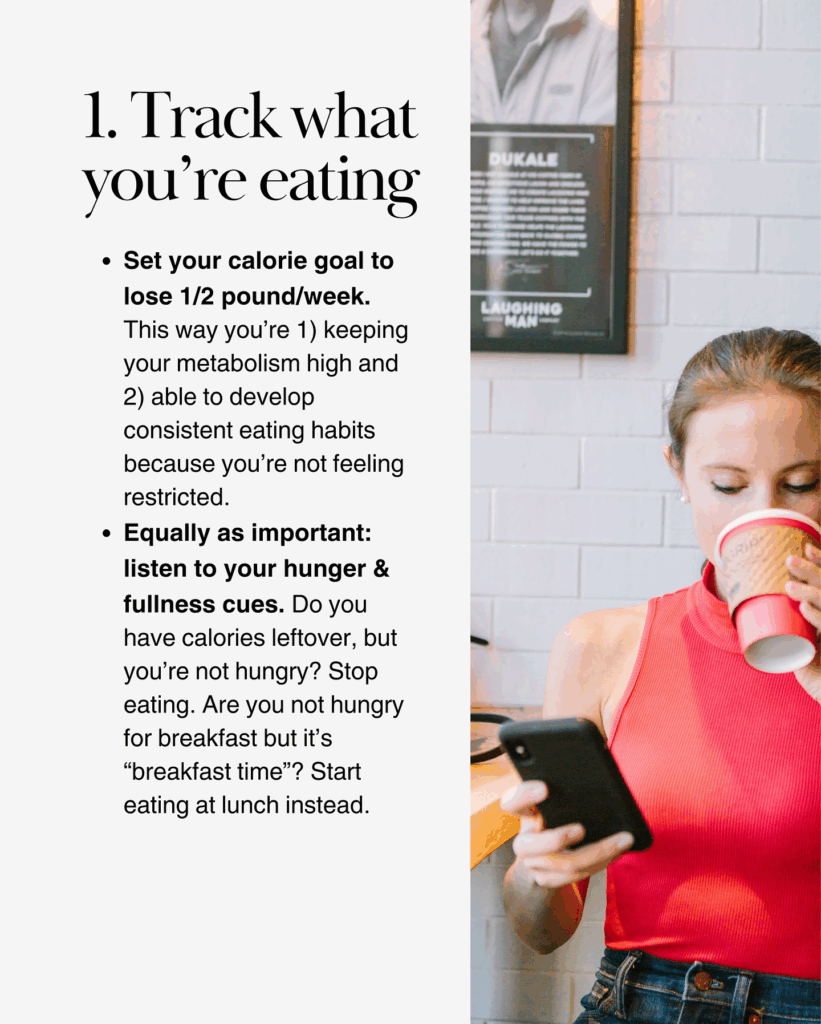 Food tracking app on phone with logged meals and calorie totals per serving to lose weight. 
