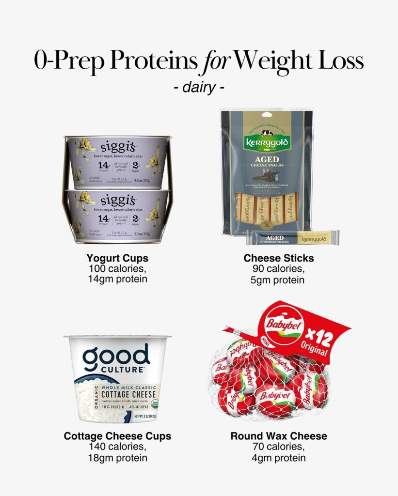 Yogurt cups, cottage cheese cups, cheese sticks, and mini round cheese snacks arranged on a counter.