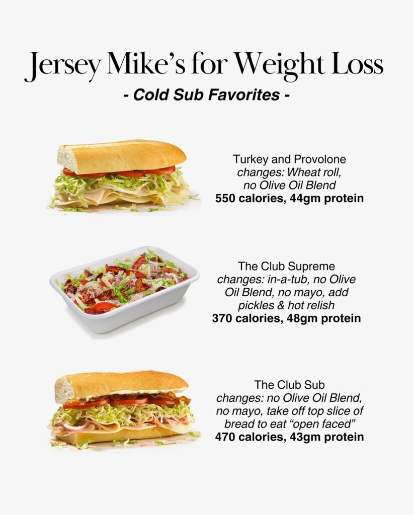 cold sub sandwiches and in-a-tub meals displayed with calorie and protein information