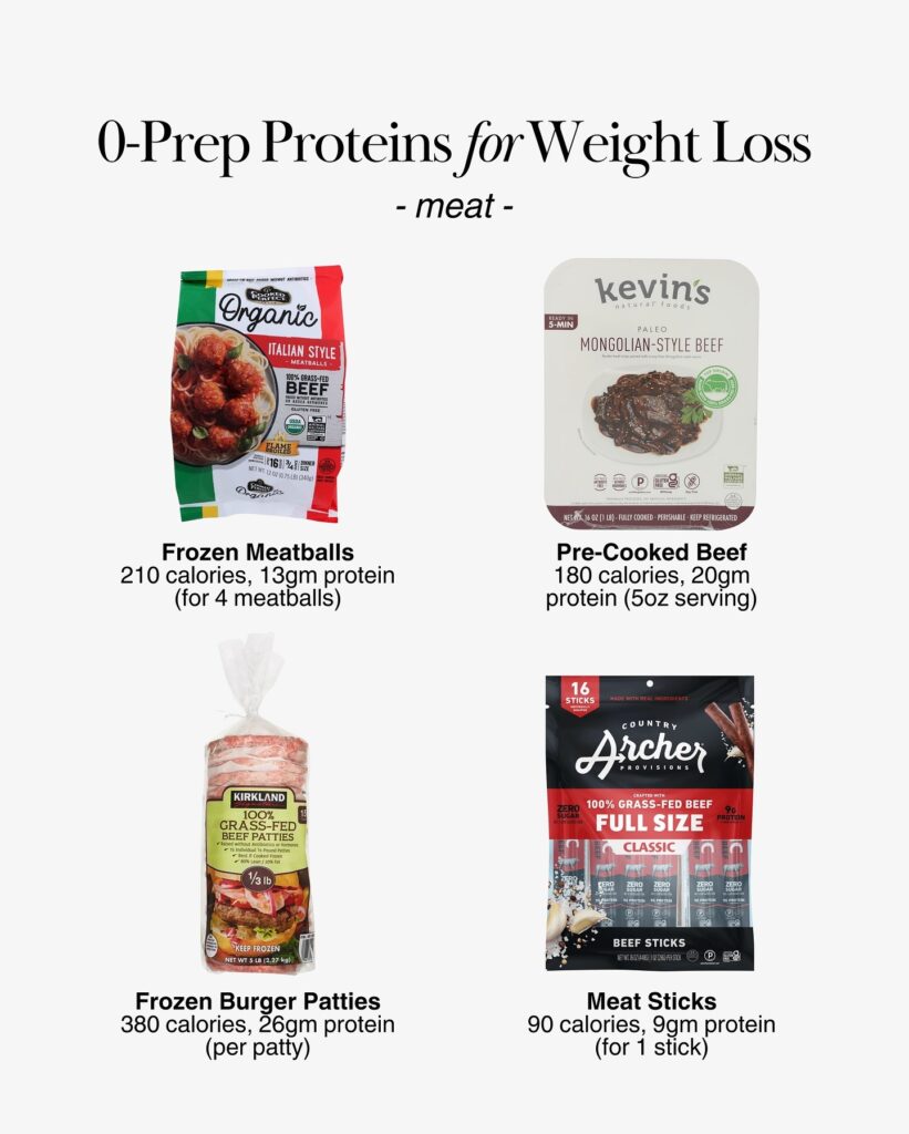 Frozen beef patties, cooked beef strips, beef stick snacks, and cooked meatballs.