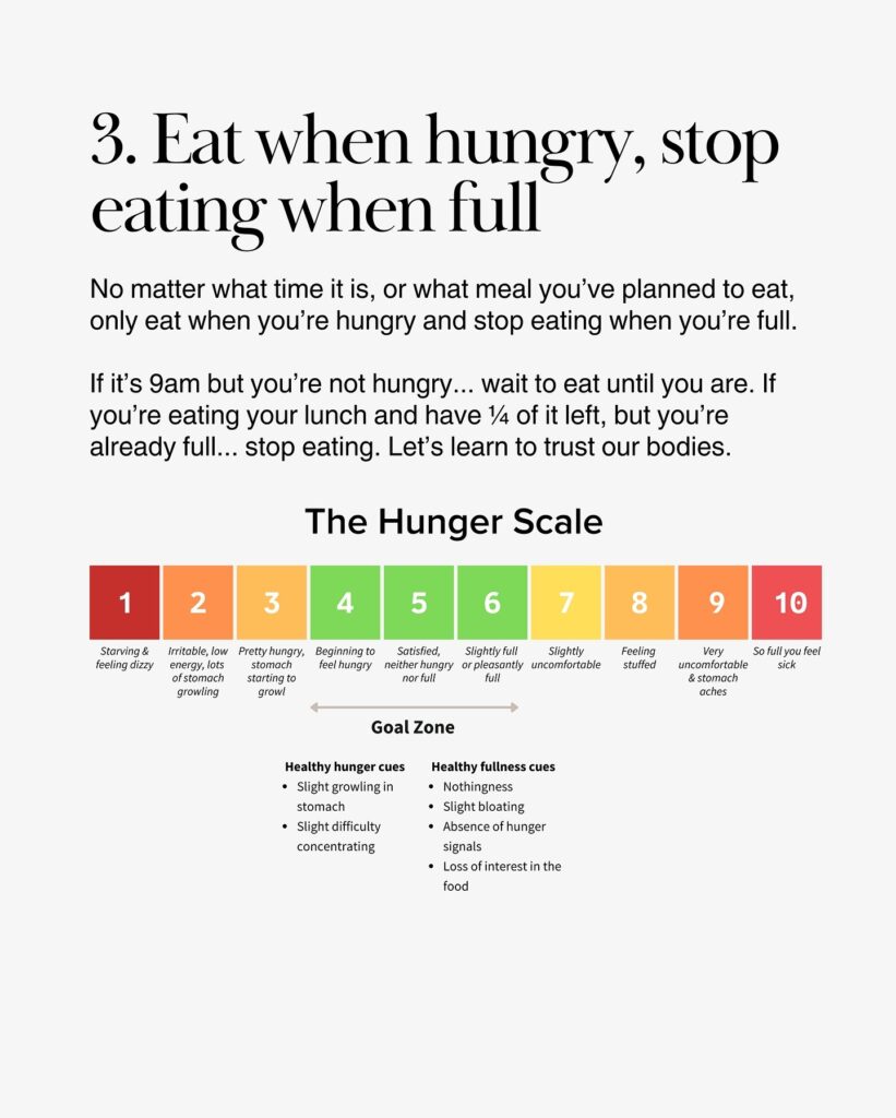 Hunger scale chart labeled from 1 to 10 with hunger and fullness cues.