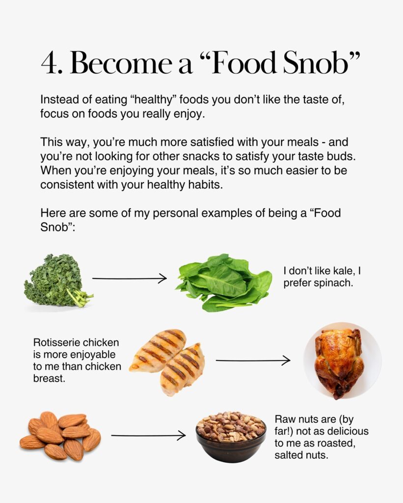 Images showing personal food preferences such as spinach, rotisserie chicken, and roasted nuts.
