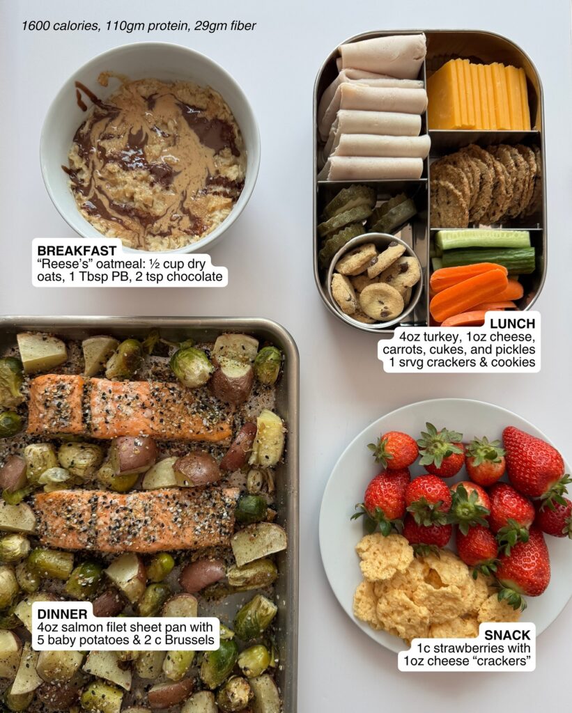 Breakfast example photo showing a protein-packed oatmeal bowl. Photo of a simple lunch with turkey, cheese, veggies, and grain crackers.  Pan of salmon with vegetables and baby potatoes. Dinner, breakfast, snack, and lunch arranged in separate containers.