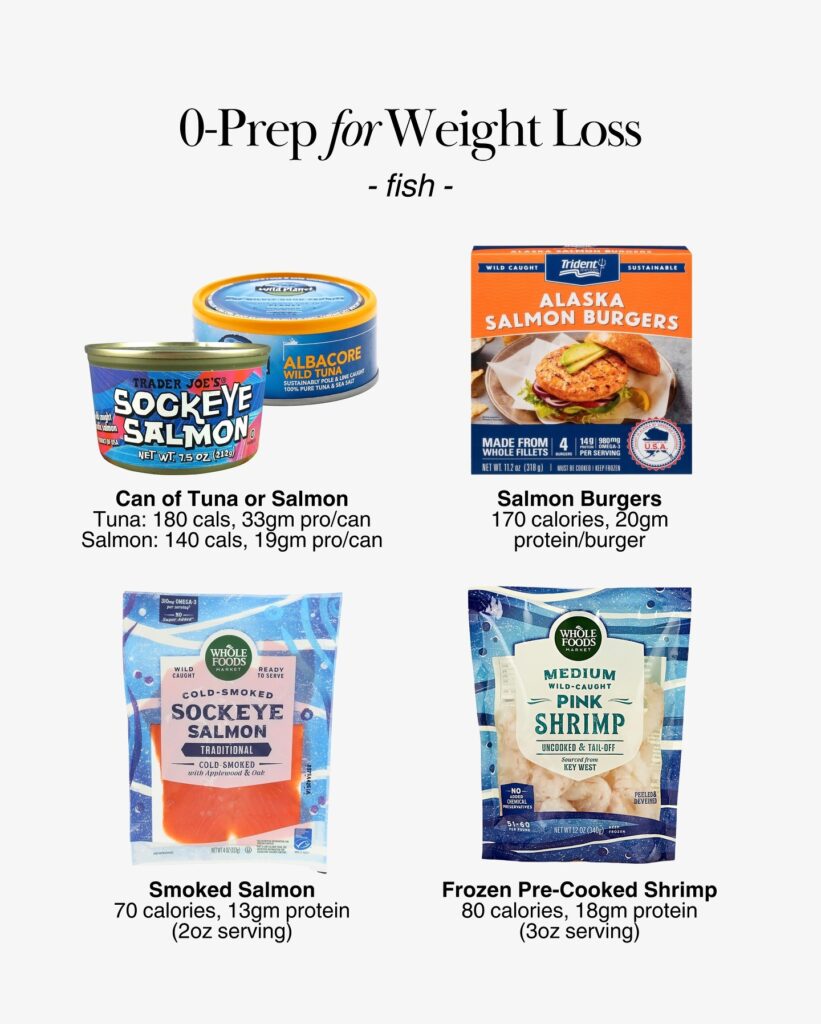 Canned tuna and salmon, frozen shrimp bags, and ready-to-eat smoked salmon packages.