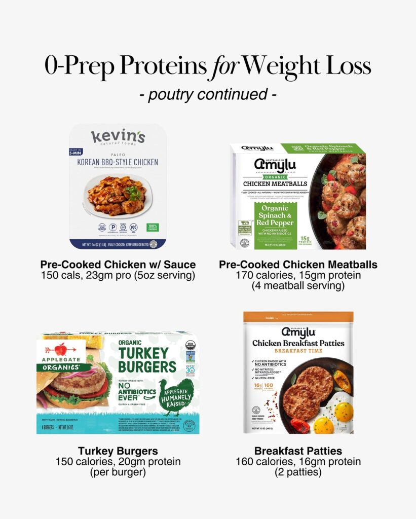 Seasoned chicken entrees, turkey burgers, chicken meatballs, breakfast patties.