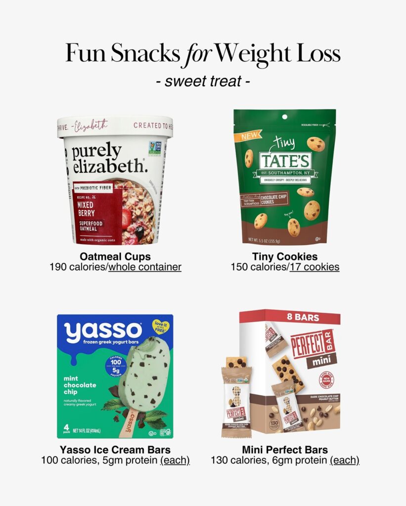 Sweet snack ideas for weight loss, including dessert-style options with calories per serving