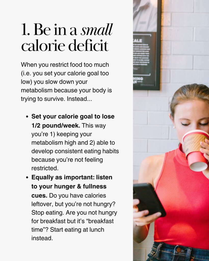 Woman holding coffee and phone, explaining a small calorie deficit for weight loss while supporting metabolism