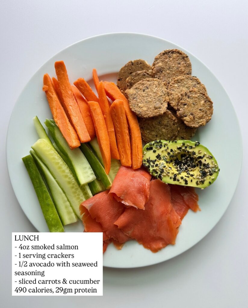Smoked salmon with crackers, avocado with seasoning, carrots, and cucumber with calorie and protein counts.