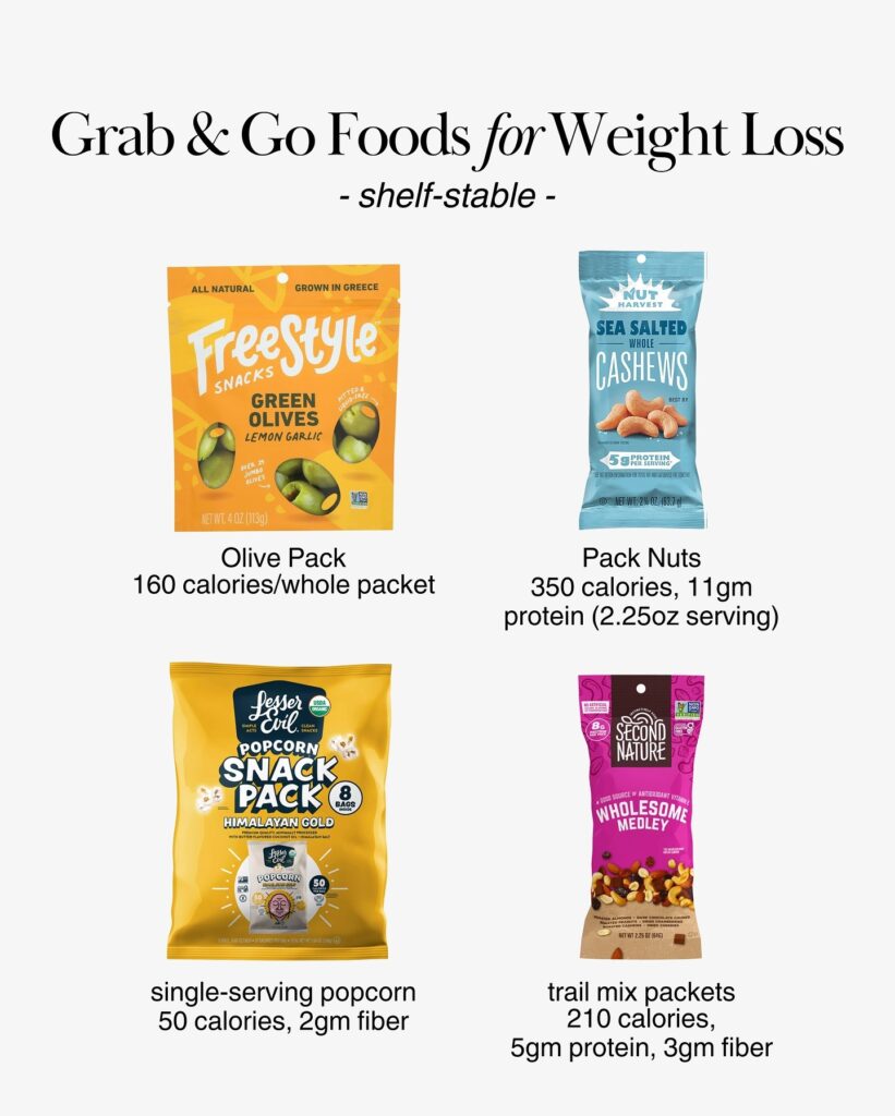 Shelf-stable snacks including popcorn, nuts, olives, and trail mix packets