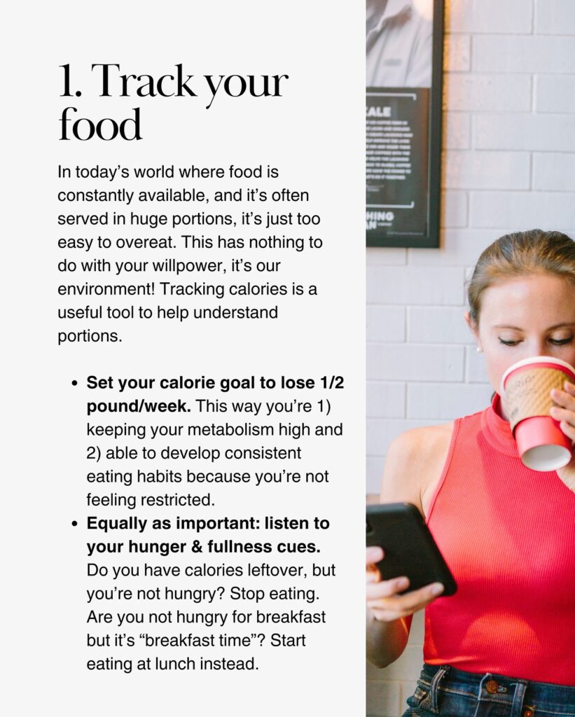 Woman tracking food on her phone while drinking coffee, illustrating calorie tracking for weight loss.