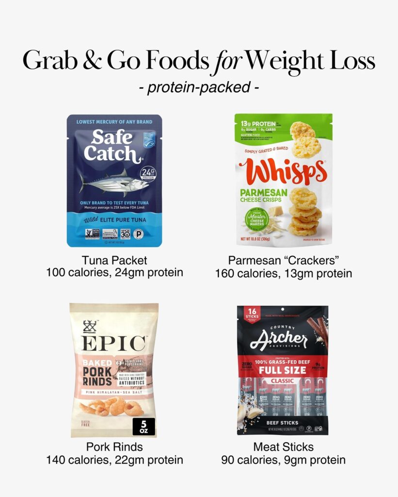 High-protein grab-and-go snacks with calories and protein listed