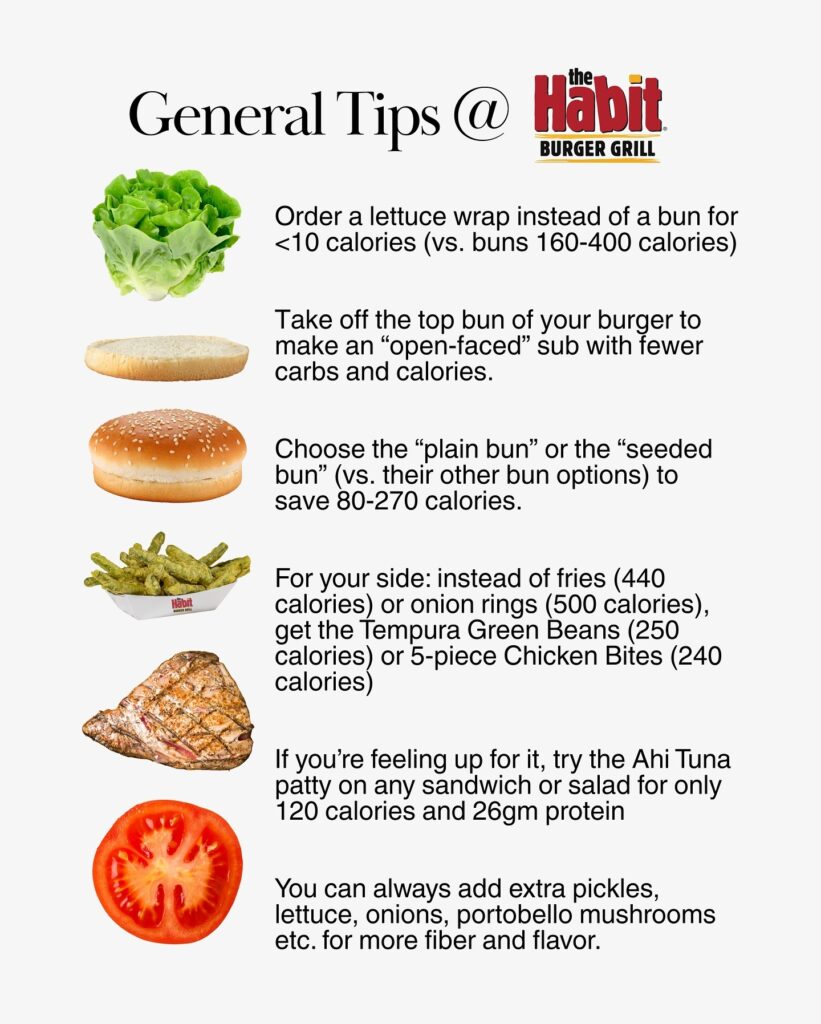 Habit Burger lettuce wrap, chicken bites, and vegetable sides for lower-calorie meals