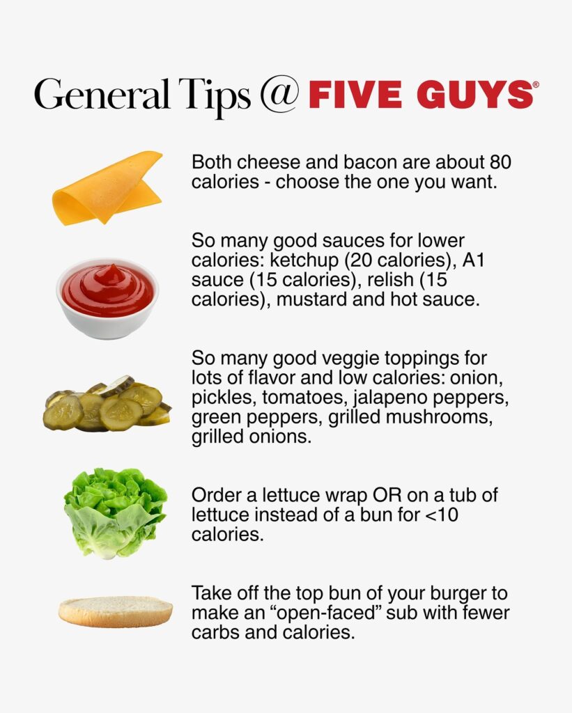 Five Guys burger toppings including vegetables and lighter sauce options
