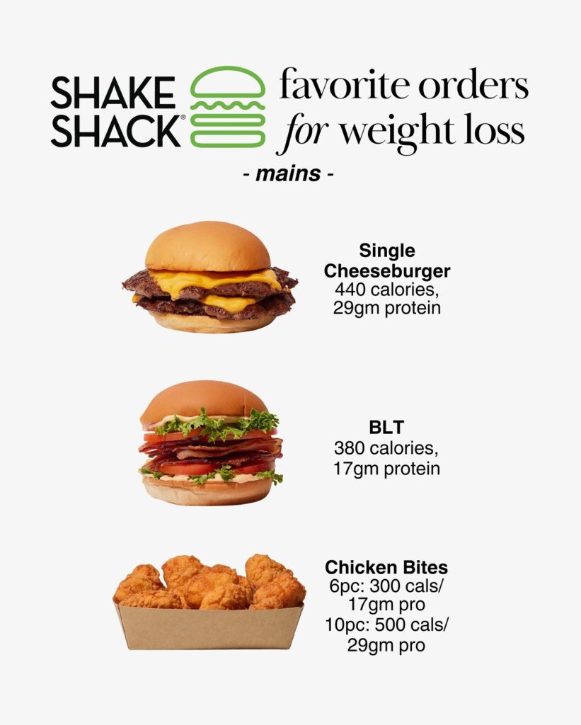 Shake Shack main menu items, including cheeseburger, BLT, and chicken bites, with calorie counts