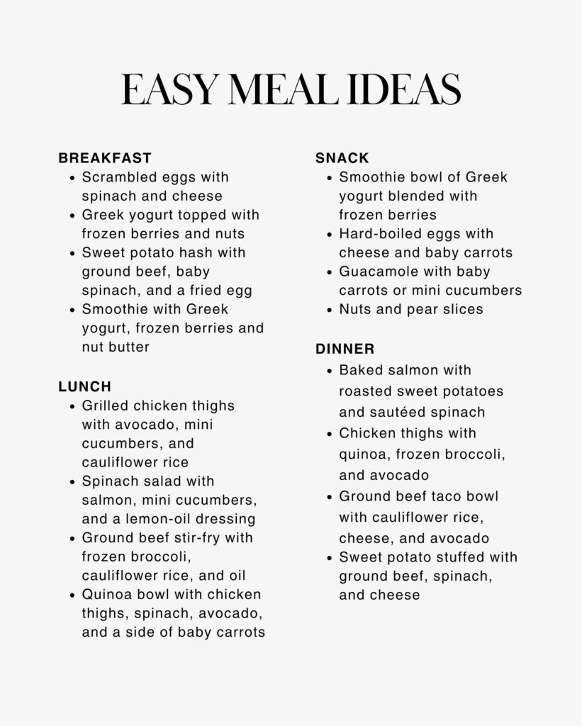 Simple meal ideas using grocery staples for weight loss, like eggs, bowls, and salmon dinners