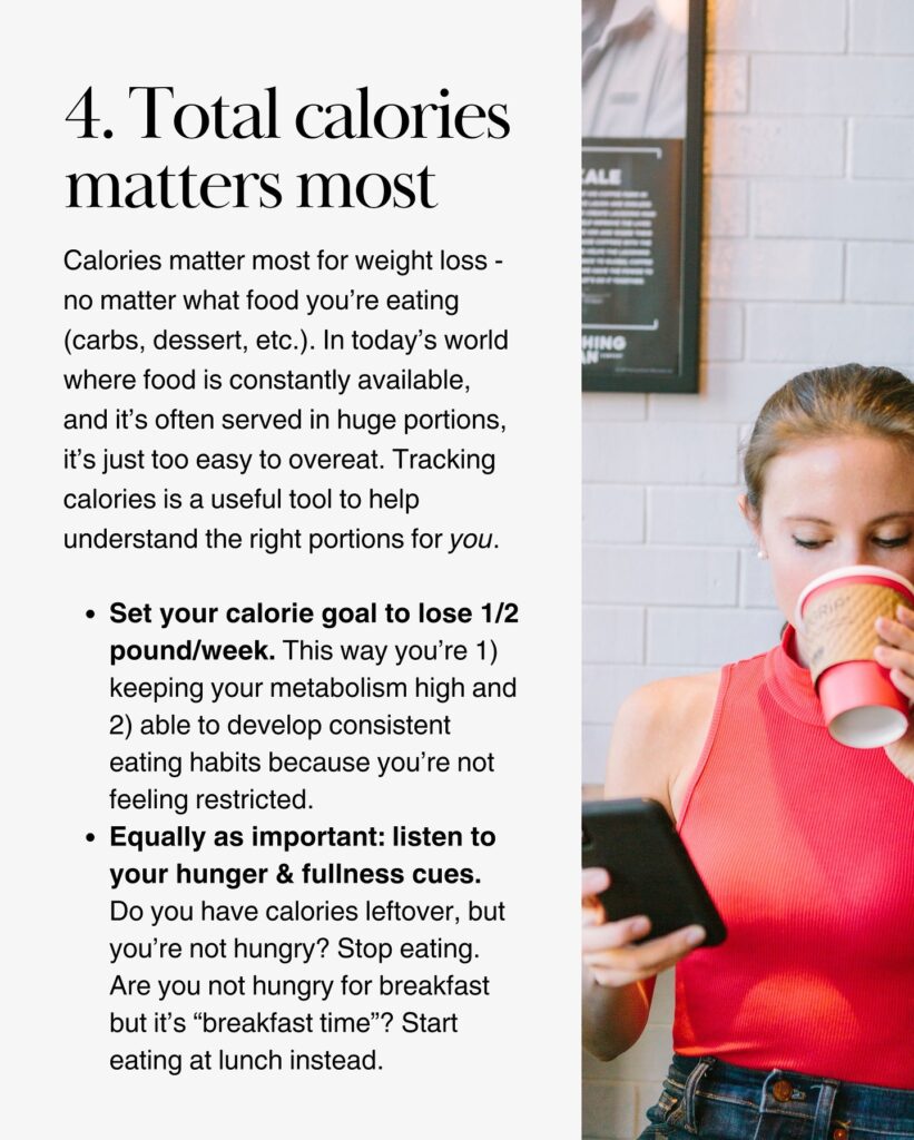 Woman checking calorie tracking app on phone while drinking coffee.