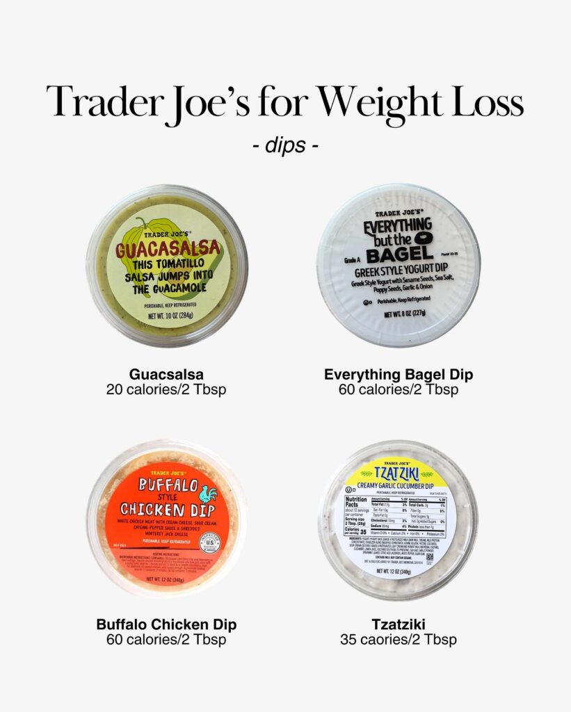 Trader Joe’s guacasalsa, everything bagel yogurt dip, buffalo chicken dip, and tzatziki with calories per serving