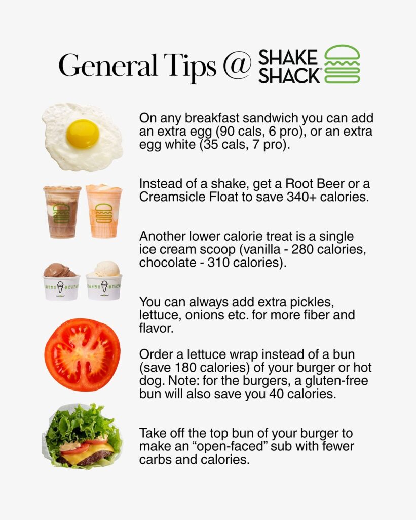 Shake Shack tips, including egg add-ons, lighter desserts, and lettuce wrap burger swaps
