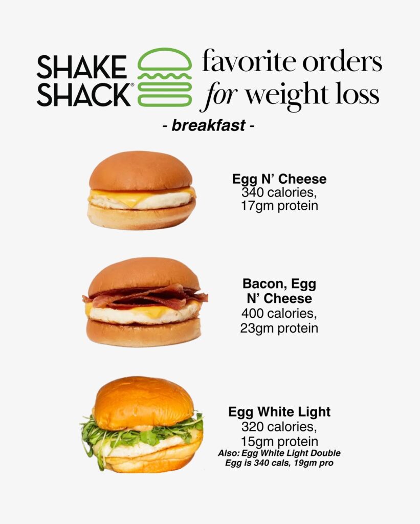 Shake Shack breakfast sandwiches, including egg and cheese, bacon egg and cheese, and egg white options
