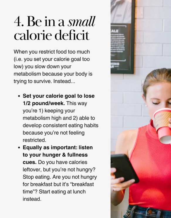 Woman drinking coffee and looking at her phone with text overlay about staying in a small calorie deficit for weight loss