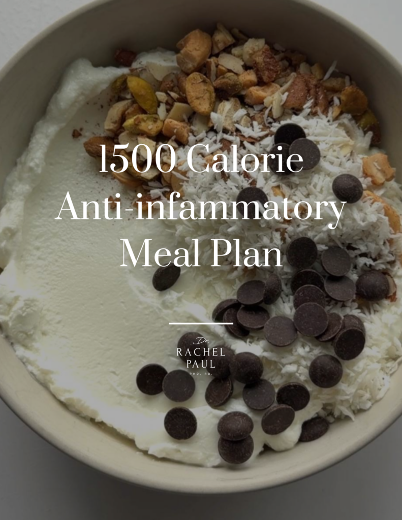 1500 calorie anti-inflammatory meal plan text over yogurt bowl with nuts, coconut, and chocolate chips.