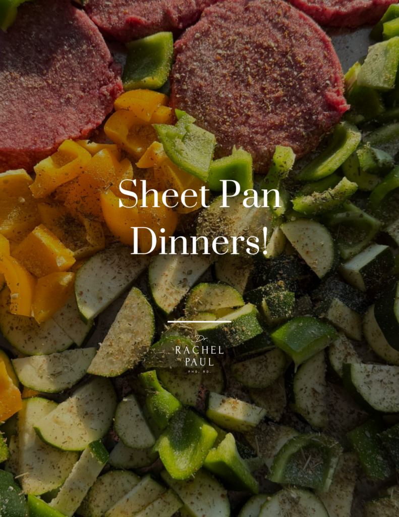 Sheet pan with raw hamburger patties surrounded by chopped vegetables including zucchini, bell peppers, and potatoes, arranged for a one-pan meal with the text "Sheet Pan Dinners!" overlaid. 