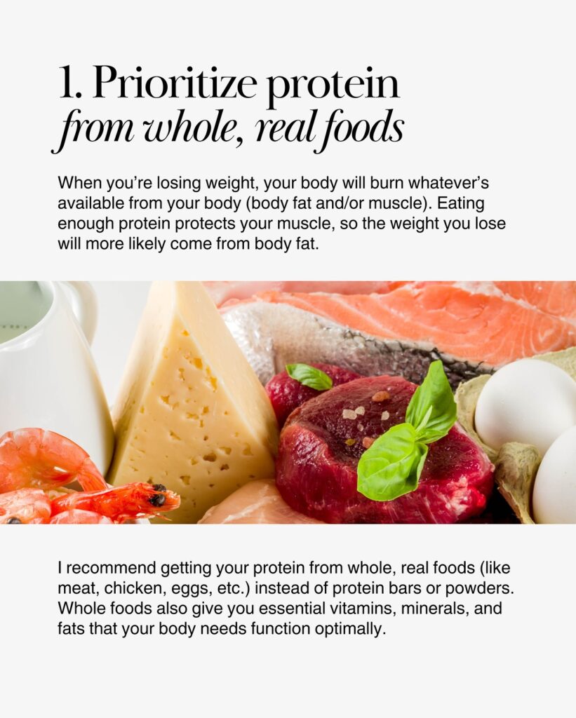 Whole food protein sources, including eggs, salmon, steak, yogurt, and cheese