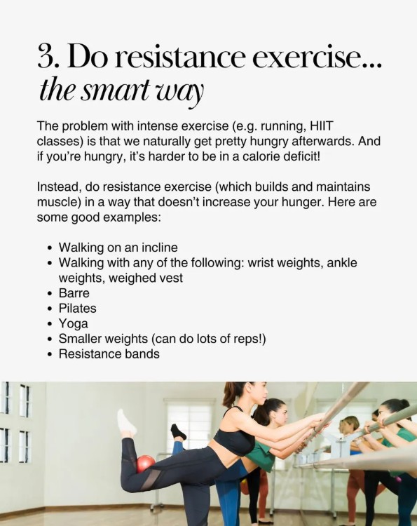 Women doing barre exercise in a fitness studio with text overlay about resistance exercise for weight loss