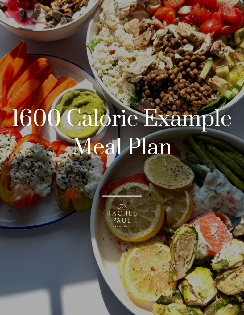 A spread of healthy meals including stuffed bell peppers, a salad with chicken and lentils, roasted vegetables with lemon slices, and a bowl of yogurt with berries and nuts.