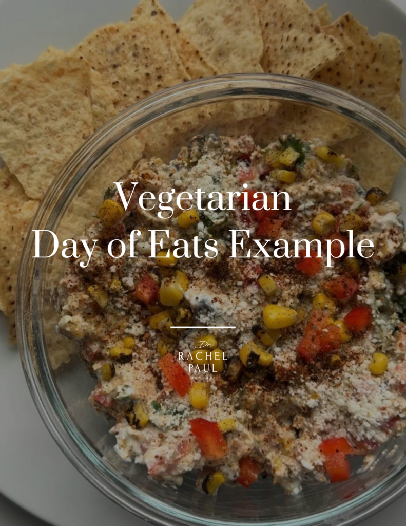 A bowl of creamy vegetarian dip topped with roasted corn, diced red peppers, herbs, cheese, and seasoning, served with tortilla chips on the side. White overlay text reads “Vegetarian Day of Eats Example” with the Dr. Rachel Paul logo underneath.