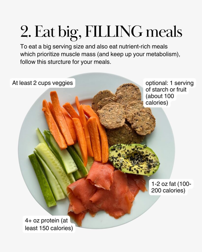  Large balanced meal with vegetables, smoked salmon, avocado, and healthy starch portions for fullness during weight loss.