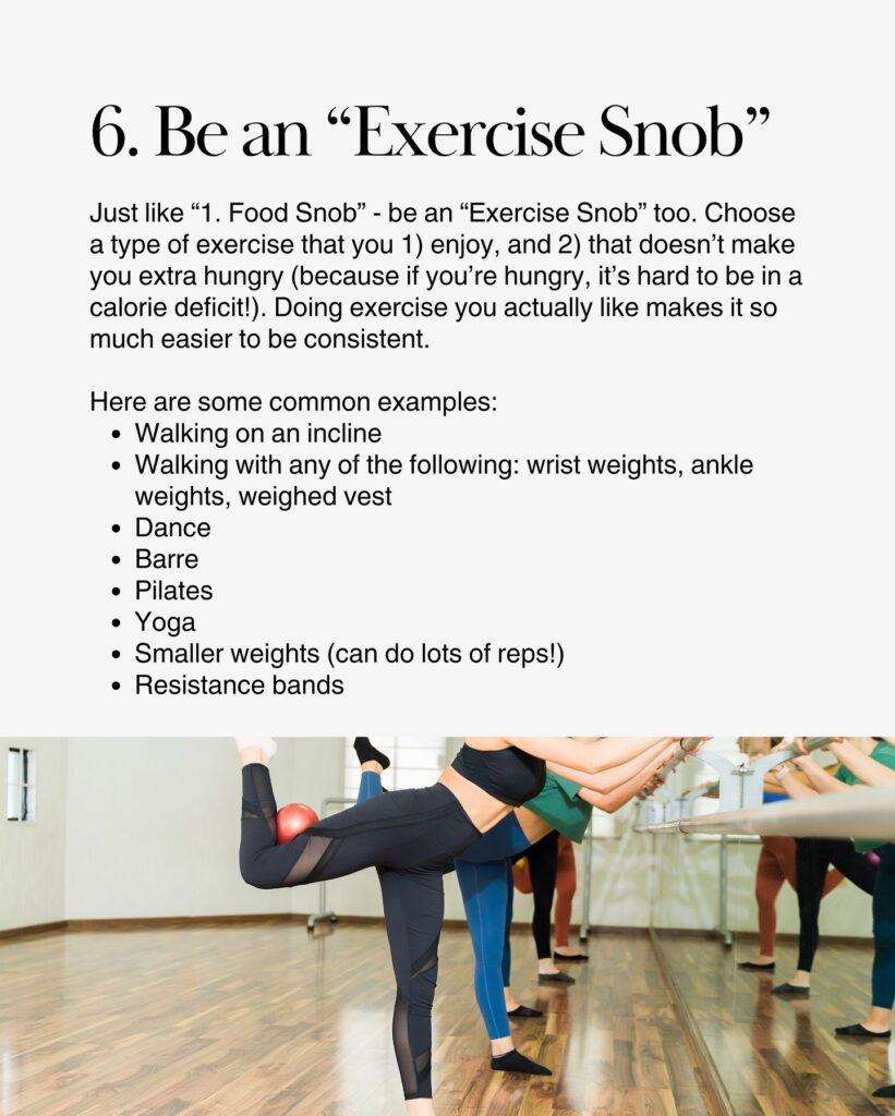 Barre and low-impact exercise examples for sustainable movement during weight loss.