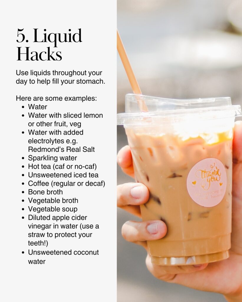 Iced coffee and examples of low-calorie beverages that can support fullness during weight loss.