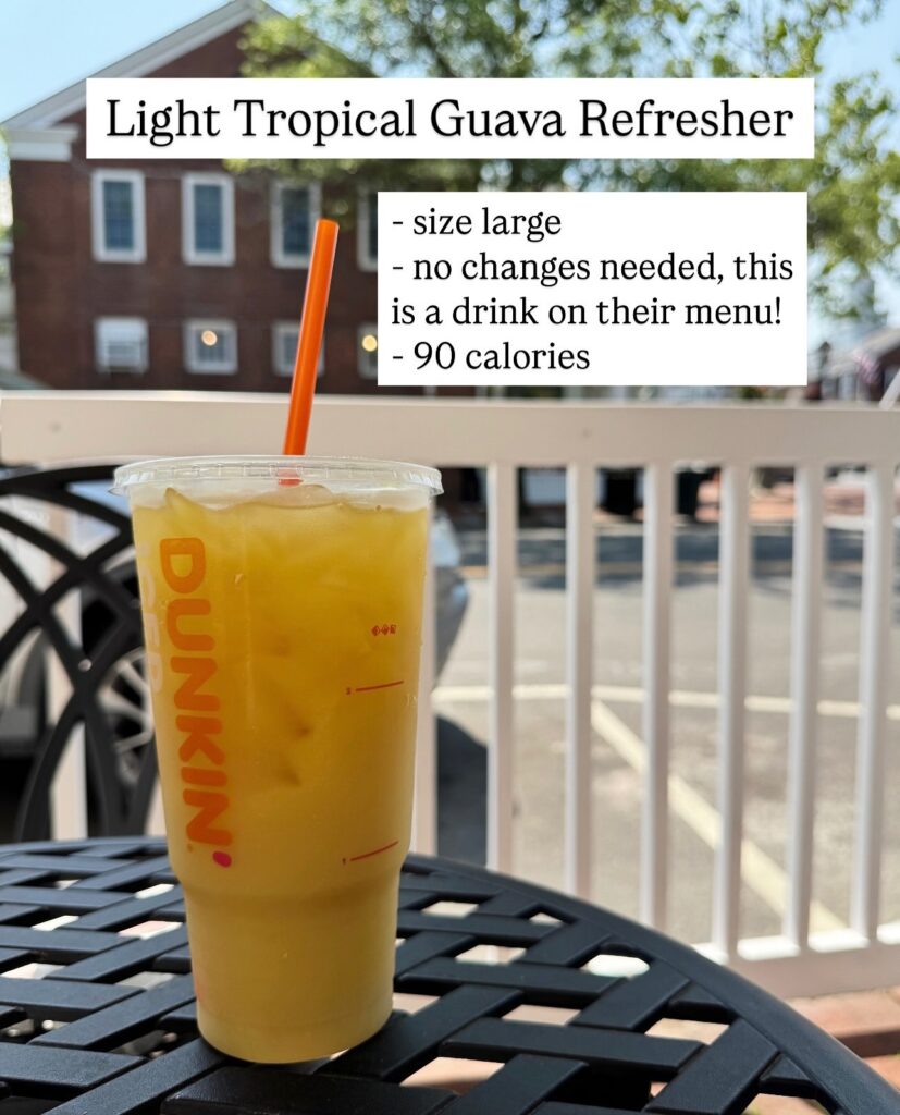 Large Dunkin Tropical Guava Refresher over ice with calorie count shown on image.