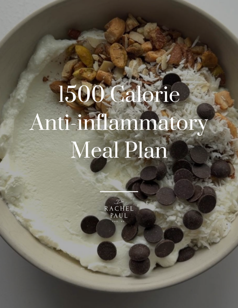 1500 calorie anti-inflammatory meal plan text over yogurt bowl with nuts, coconut, and chocolate chips.
