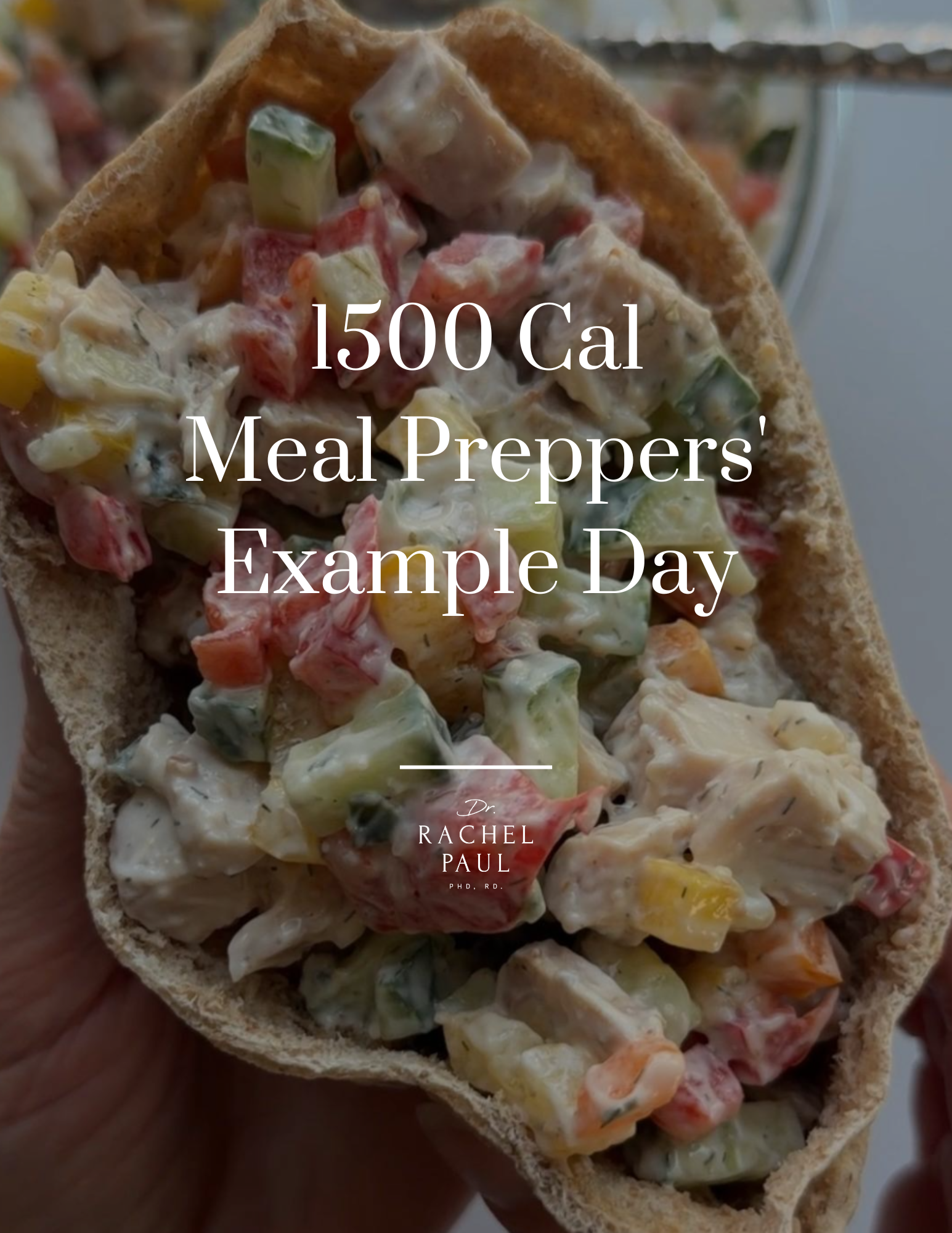 Close-up of a pita stuffed with a creamy chicken and vegetable mixture, with text overlay reading “1500 Cal Meal Preppers’ Example Day.”