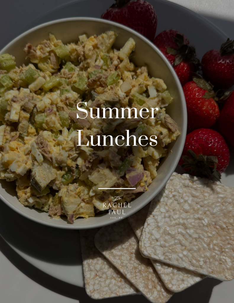 Summer Lunch recipes with tuna egg salad, strawberries, and crackers in the background