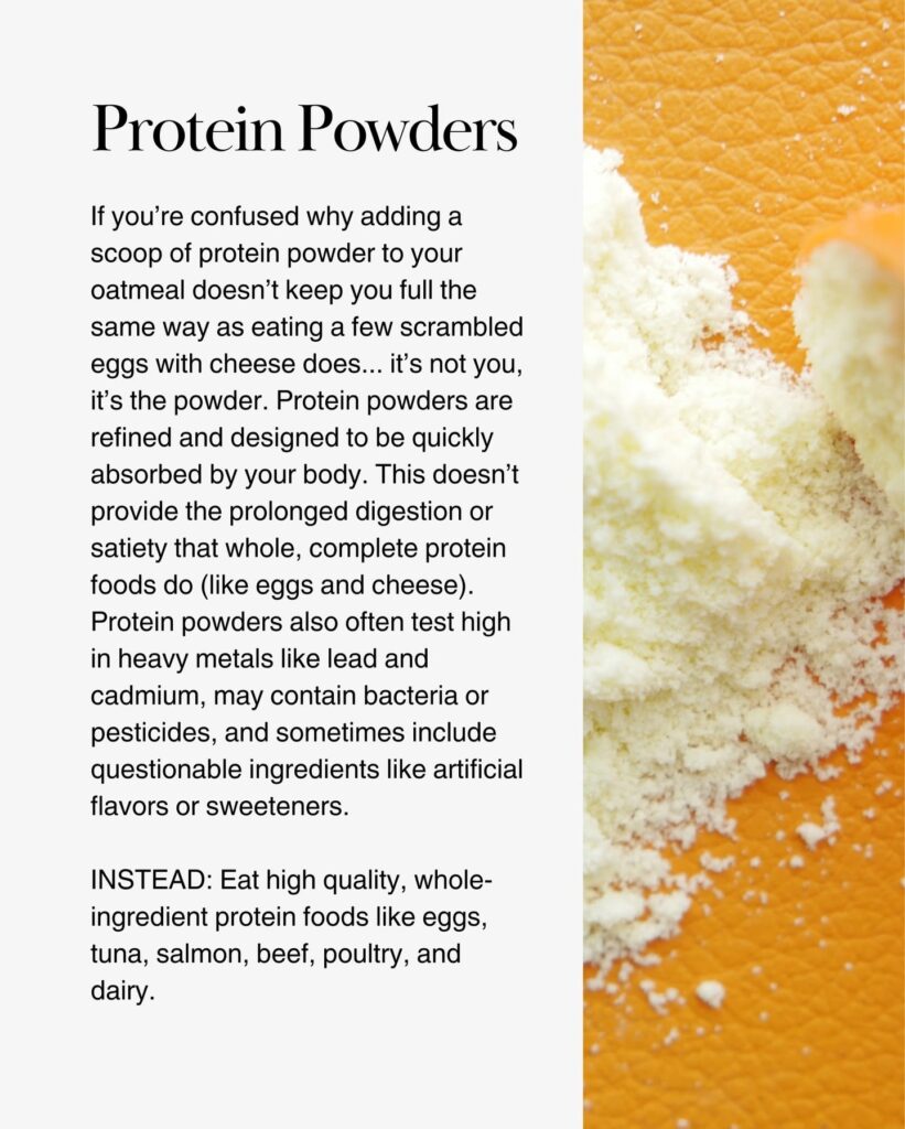 Protein powder beside examples of whole-food protein options.