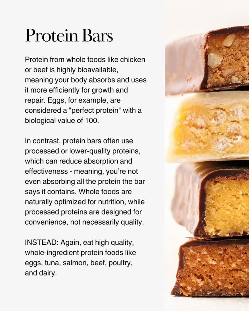 Assorted protein bars representing processed convenience protein snacks.
