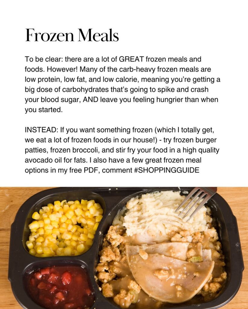 Frozen meal beside examples of balanced frozen meal options.
