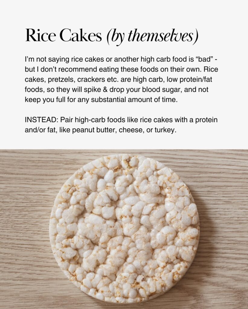 Plain rice cake with examples of balanced toppings.