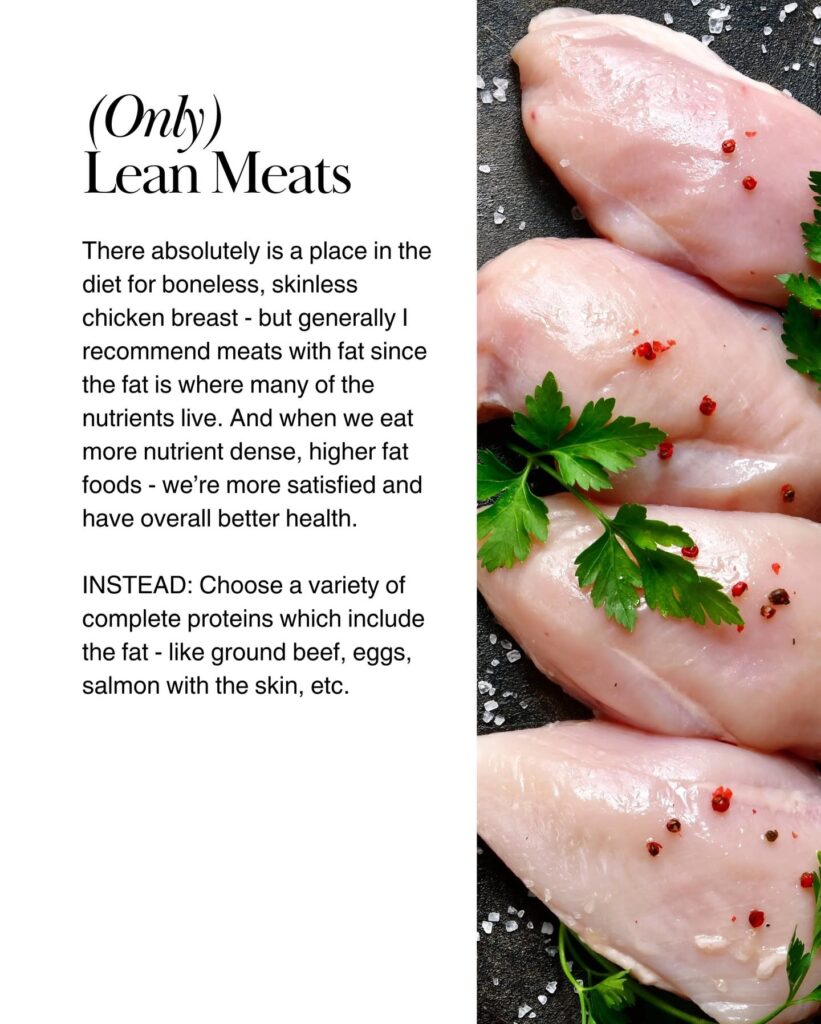 Whole-food protein options, including salmon, eggs, and lean beef.